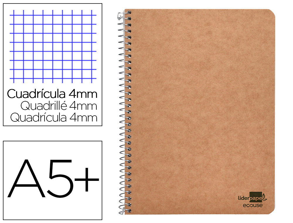 CUADERNO ESPIRAL LIDERPAPEL CUARTO ECOUSE TAPA CARTULINA KRAFT 80H PAPEL RECICLADO 80GR CUADRO 4MM