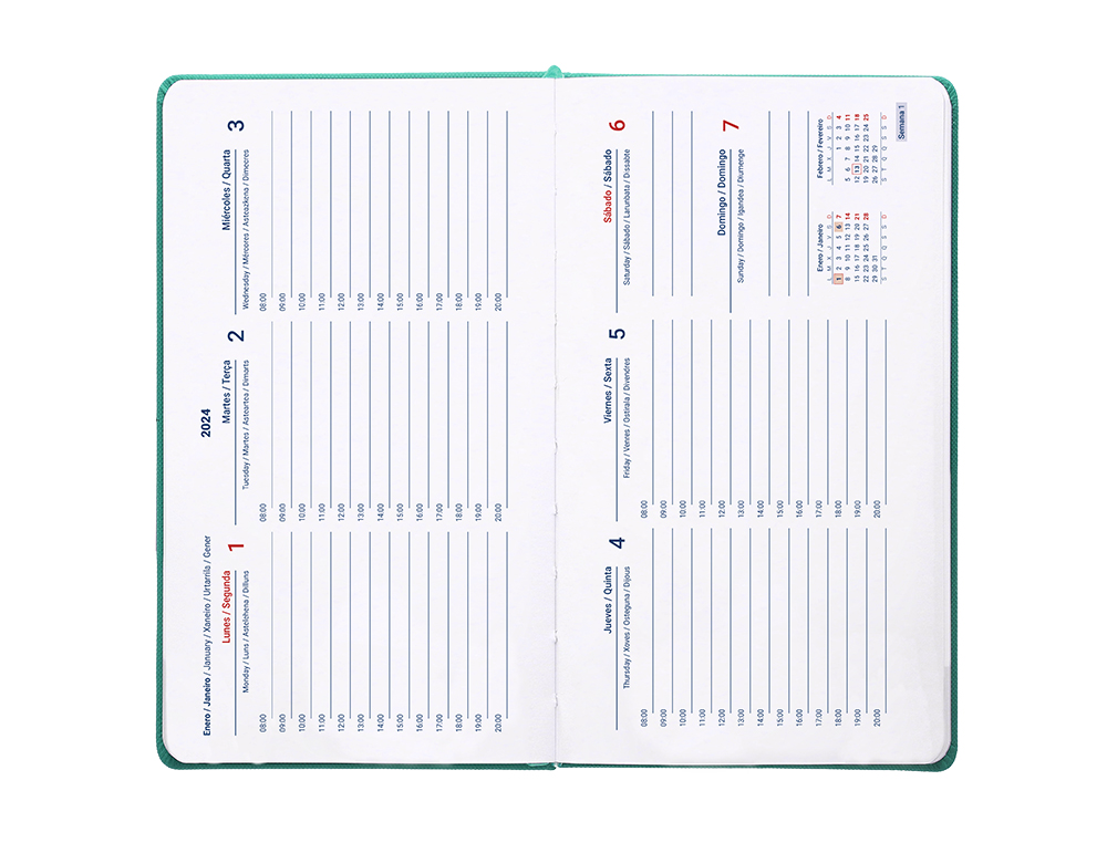 AGENDA ENCUADERNADA LIDERPAPEL KILKIS 8X15 CM 2024 SEMANA VISTA COLOR TURQUESA PAPEL 70 GR