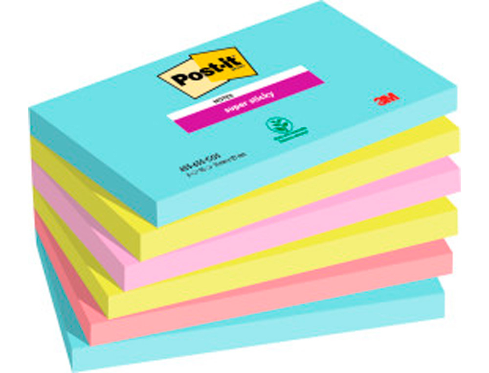 BLOC DE NOTAS ADHESIVAS QUITA Y PON POST-IT SUPER STICKY 76X127 MM CON 90 HOJAS PACK DE 6 UNIDADES COLORES MIAMI