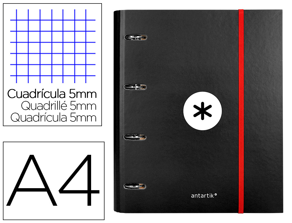 CARPETA CON RECAMBIO LIDERPAPEL ANTARTIK A4 CUADRO 5MM FORRADA 4 ANILLAS 40MM REDONDAS COLOR NEGRA